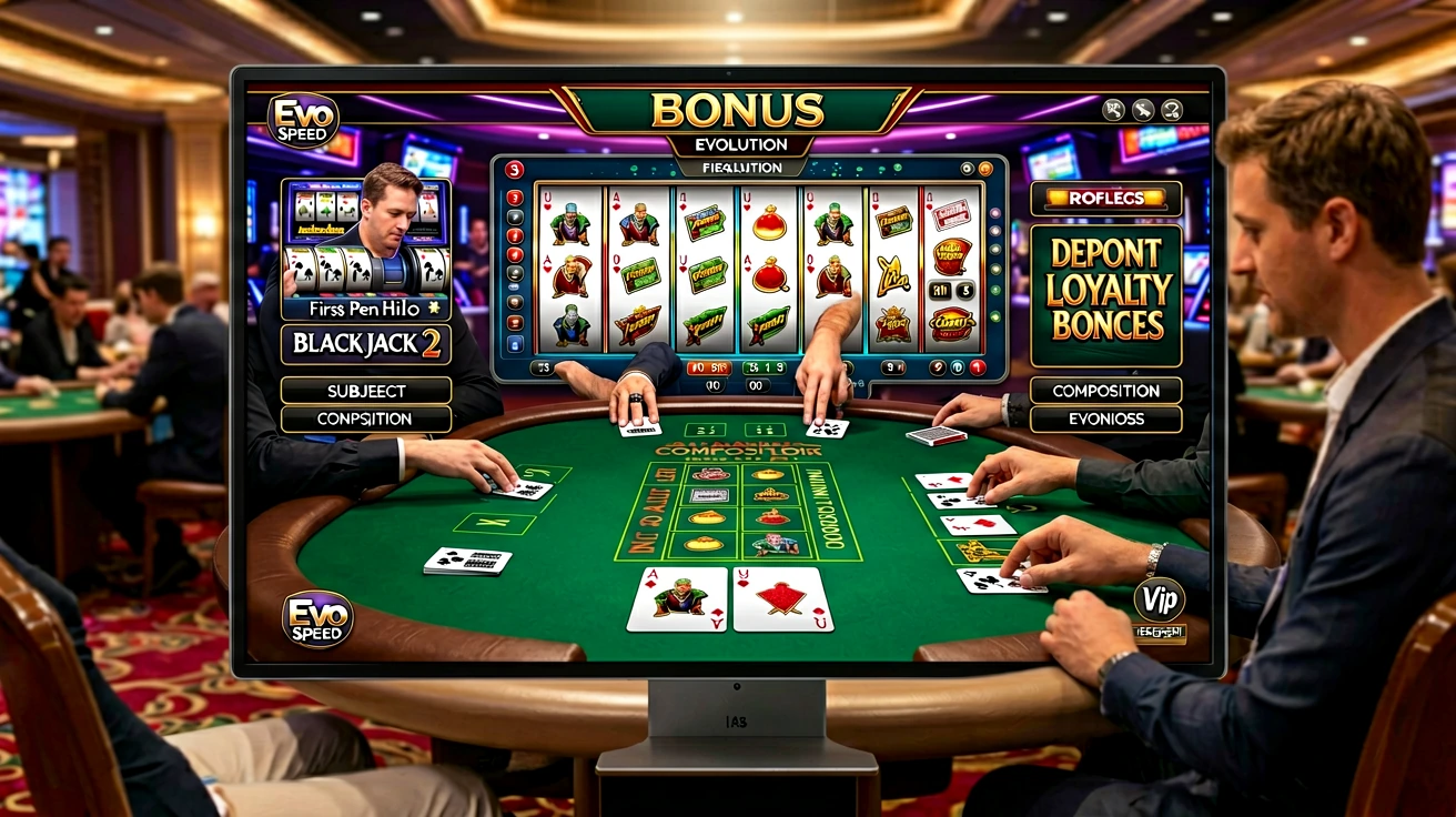 ဂိမ်းစခရင်တစ်ခုတွင် EVOLUTION နှင့် BONUS စာလုံးများ၊ ဖဲကတ်နှင့် သင်္ကေတများပါသည့် ရီးလ်ငါးတန်း၊ ညာဘက်တွင် DEPONT LOYALTY BONCES ရေးထားသည့် ဂဏန်းဘောင်၊ ရှေ့တွင် စိမ်းရောင်ဖဲစားပွဲနှင့် လက်များကိုင်ထားသည့် ဖဲကတ်များ