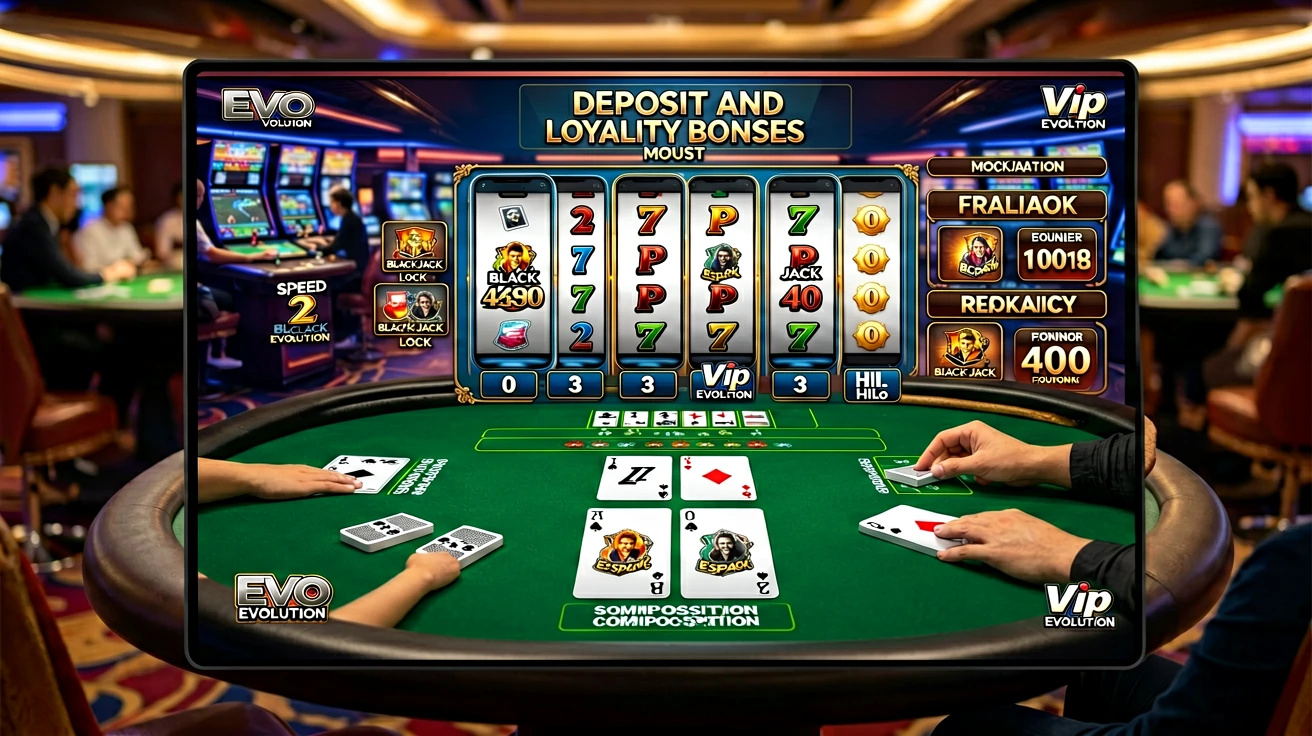 ဂိမ်းစခရင်တွင် DEPOSIT AND LOYALTY BONUSES စာတန်းနှင့် ရီးလ်တန်းများ၊ ညာဘက်တွင် ကိန်းဂဏန်းဘောင်များ၊ ရှေ့တွင် ဖဲစားပွဲပေါ်ရှိ ဖဲကတ်များနှင့် နှစ်ဖက်မှ ကစားသမား၏ လက်များ