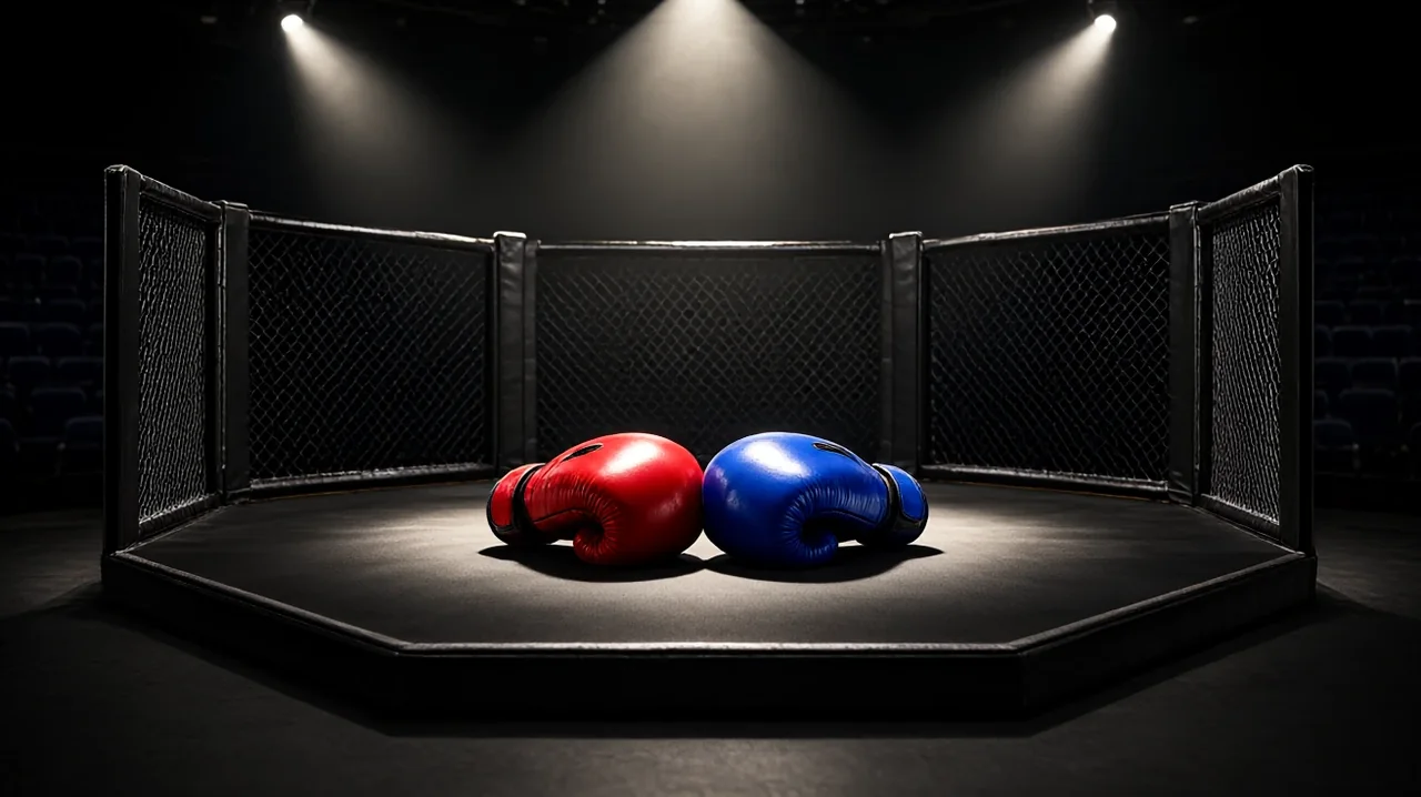 ဇာတ်စင်မီးရောင်အောက် လူမရှိ octagon လှောင်အိမ်၏ အနက်ရောင် ကြမ်းပြင်ပေါ်ရှိ အနီနှင့် အပြာရောင် လက်အိတ်တစ်စုံ