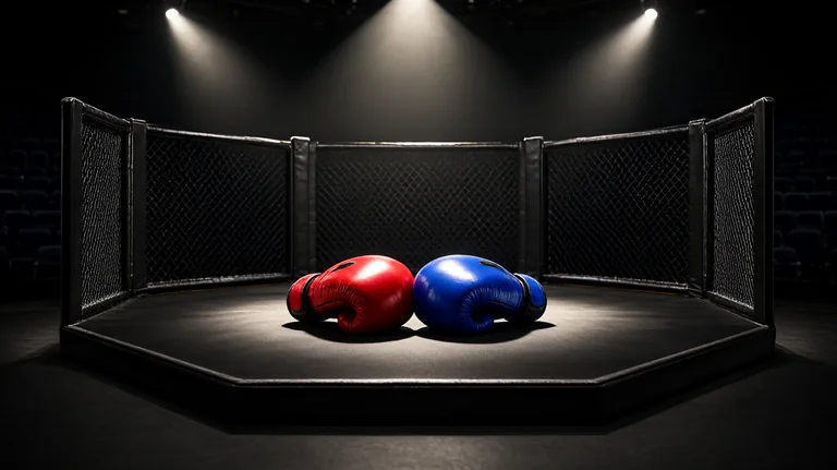 ဇာတ်စင်မီးရောင်အောက် လူမရှိ octagon လှောင်အိမ်၏ အနက်ရောင် ကြမ်းပြင်ပေါ်ရှိ အနီနှင့် အပြာရောင် လက်အိတ်တစ်စုံ