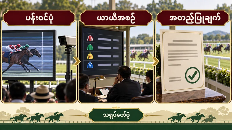 မြန်မာစာဖြင့် ပန်းဝင်ပုံ၊ ယာယီအစဉ်နှင့် အတည်ပြုချက် အဆင့်သုံးခုကို ပြထားသော မြင်းပြိုင်ပွဲပုံ